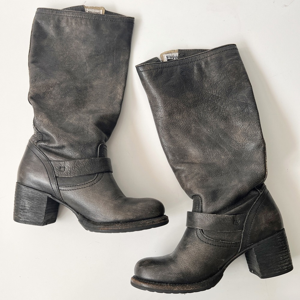 Vintage Frye Slouch Campus Boots Size 8 Black Leather Moto Biker Knee High Tall - Picture 8 of 14